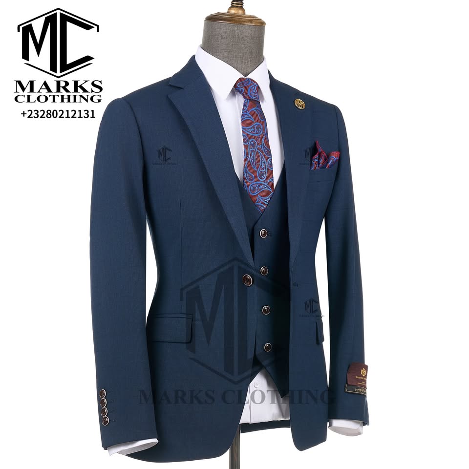 Navy three-piece suit — Marks Clothing Store, Freetown